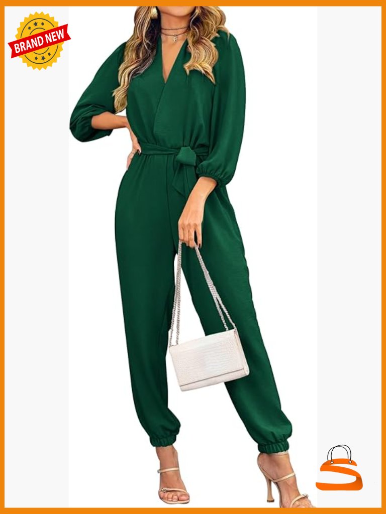 Long Sleeve V Neck Belt Pocket Jumpsuit Romper One Piece Outfit